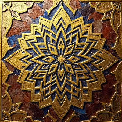 The primary subject of the image is a beautifully designed, intricate, and colorful flower pattern. The setting is a wooden surface, possibly a table or a wall, with a blue and gold color scheme. The visual style is a combination of digital art and illustration, creating a vibrant and eye-catching design. The colors and mood of the image are lively and cheerful, with the blue and gold tones adding a sense of elegance and sophistication to the overall appearance.